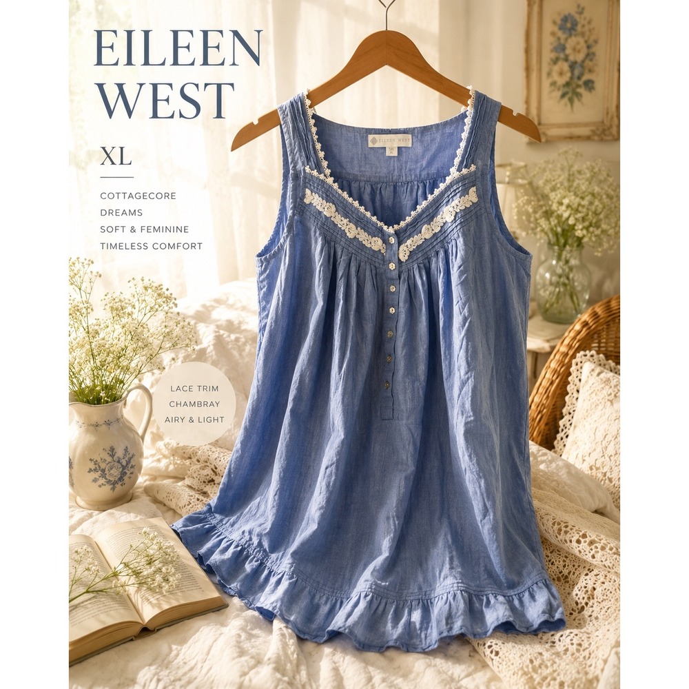 Eileen West XL Cotton Blue Babydoll Nightgown Prairie Cottagecore Sleepwear
